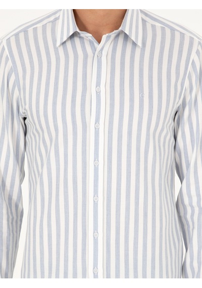 Cacharel Mavi Slim Fit %100 Pamuk Çizgili Gömlek