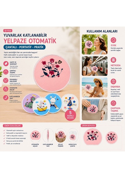 Krd Home Zz-796-a-b Yuvarlak Katlanabilir Yelpaze Otomatik Çantalı - 100'li Paket Çok Renkli