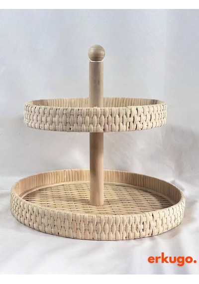 2 Katlı %100 El Yapımı Yuvarlak Sunumluk, Doğal Rattan Tabak, Sunum Tepsisi Bh24375-2 Rattan