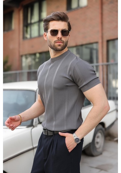 Madmext Antrasit Regular Fit Bisiklet Yaka Fitilli Triko Erkek Tişört E7490