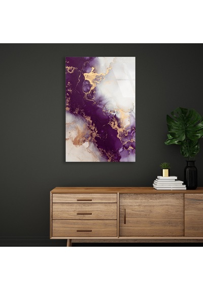 Mor Altın Mermer Cam Tablo Dikey 35x50 Cm