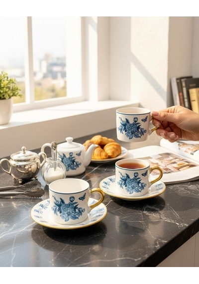 2 Kişilik Double Amber Bloom Blue Kahve Fincanı-5698 Mavi