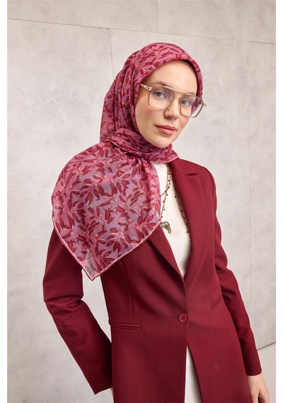 Silk Home Pamuk Polyester Soft Eşarp Eflatun Çiçek Desenli Kaymaz Dokulu Tok Duruşlu 90x90 Çok Renkli