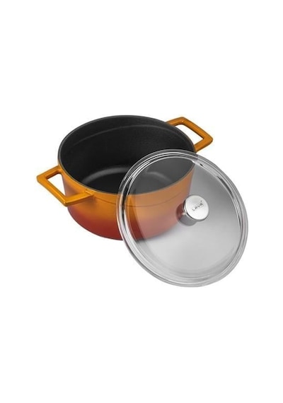 Lava Döküm Yuvarlak Tencere Çap Ø 24cm. Cam Kapaklı. Glaze Turuncu Turuncu