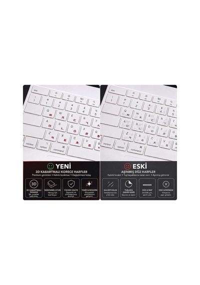 Korece Klavye Etiketi 3d Uv Kabartmalı 46 Adet Şeffaf Sticker Notebook Ve Masaüstü Uyumlu Kırmızı