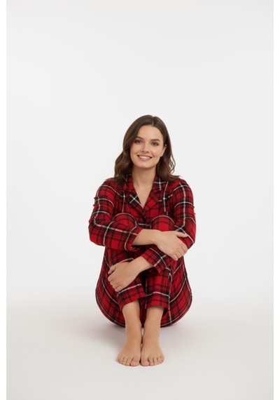 Bravie Luxury Viscose Kırmızı Ekose Desenli Kadın Uzun Kollu Büyük Beden Pijama Takımı 42513 Kırmızı