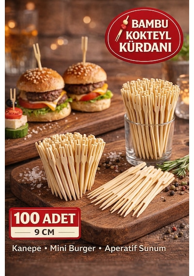 100 Adet Bambu Çatallı Kürdan 9 Cm Kokteyl Kürdanı Aperatif Sunum Kürdanı Mini Burger Kürdanı