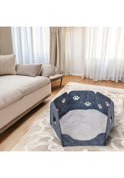 Kedi Yatağı Yuvası Evi Minderli Taşınabilir 3 Mm Keçe Altıgen Tasarım Yuva+minder Gri