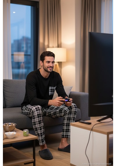 Buratti Ekoseli Cepli Beli Lastikli % 100 Pamuk Regular Fit Erkek Pijama Takımı 6572001 Siyah-Beyaz
