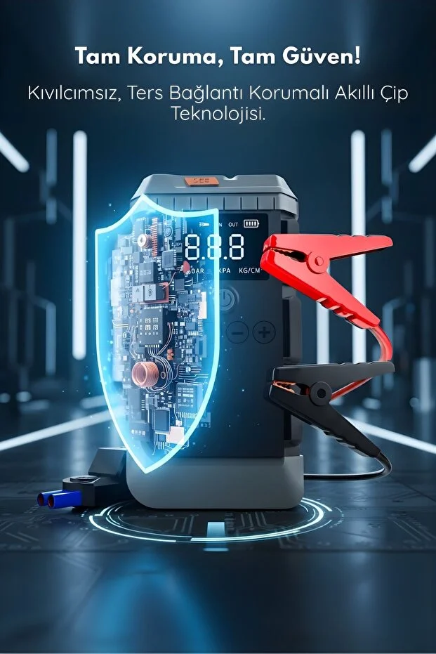 12000mah 4'ü 1 Arada Araç Akü Takviye Cihazı - Hava Kompresörü, Kablosuz Jump Starter & Powerbank