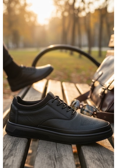 Enoch Hakiki Deri Burun Perfore Detaylı Erkek Sneaker Ayakkabı Ortopedik Taban Siyah