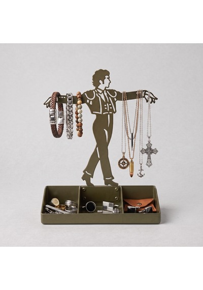 Mens Jewelry Stand & Organizer Flamenco Dancer Valet Tray For Cufflinks, Rings, Watches Black Metal Desk Accessory Gift For Hi Haki