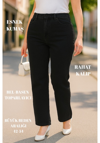 Cedy Denim Cedy Denım - Kadın Büyük Benden Boru Paça Yüksek Bel Regular Fit Likralı Pantolon C626 Siyah