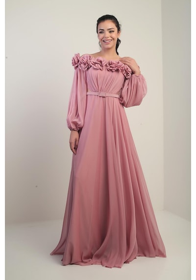 By Saygı Kadın Çiçekli Madonna Yaka Kemerli Astarlı Şifon Uzun Elbise-41106 Pudra