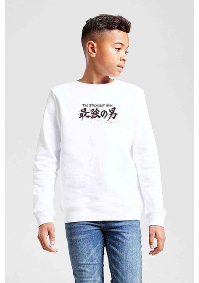 Tshirthane One Punch Man Baskılı Unisex Çocuk Beyaz Sweatshirt (534648001) Beyaz