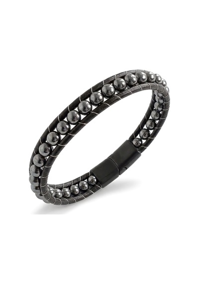 Premium 6mm Hematit Taşlı Deri Kordon Ve Çelik Bileklik 31832b2d6m3 - 21 Cm Siyah