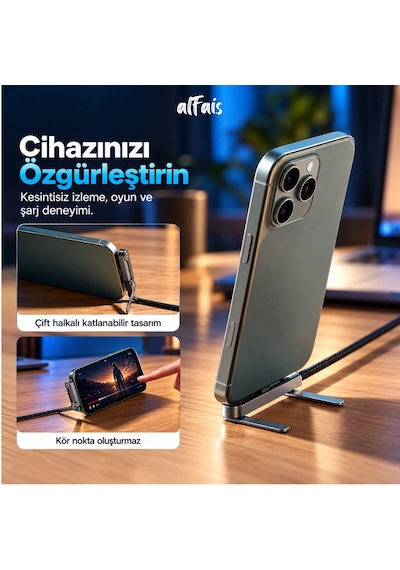 Alfais 6044 Usb Type C Şarj Data Kablosu Standlı Katlanabilir Örgülü Hızlı 240w 2 Metre