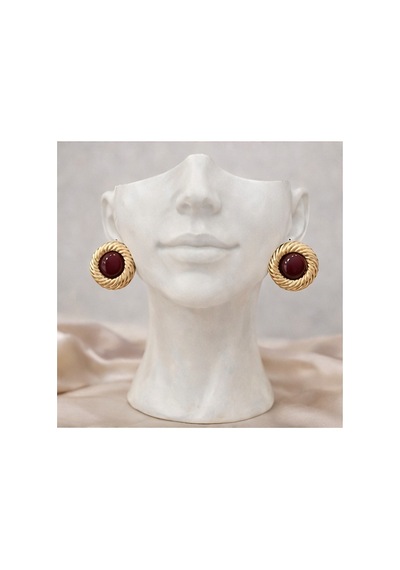 Lunarie Vintage Burgu Çerçeve Renkli Taşlı Düğme Küpe Bordo