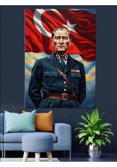 Mareşal Üniformasıyla Atatürk Ve Bayrak Dekoratif Kanvas - Mdf Ahşap Tablo