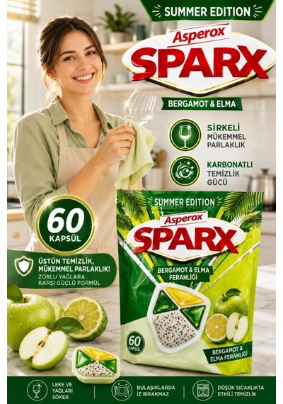 Asperox Sparx Summer Edition Bergamot & Elma Ferahlığı Bulaşık Makinesi Deterjan Kapsülü 60 Lı Sirkeli Mükemmel Parlaklık, Karbonatlı Temizlik Gücü