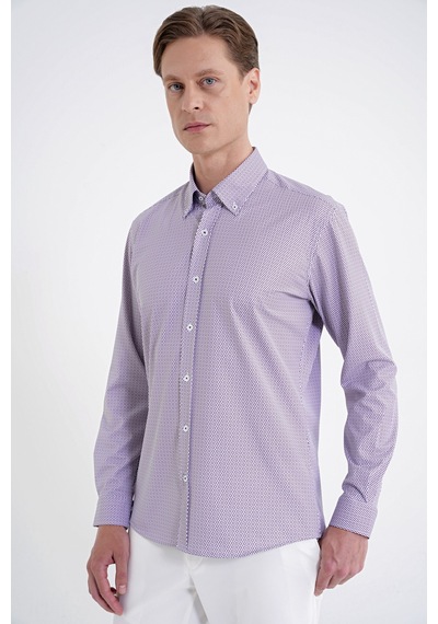 Slim Fit Yaka Düğmeli Baskılı Pamuklu Bordo Gömlek G 1606