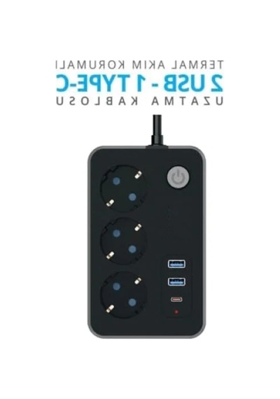Akım Korumalı Uzatma Kablosu - 3 Priz, 2 Usb, 1 Type-c 0