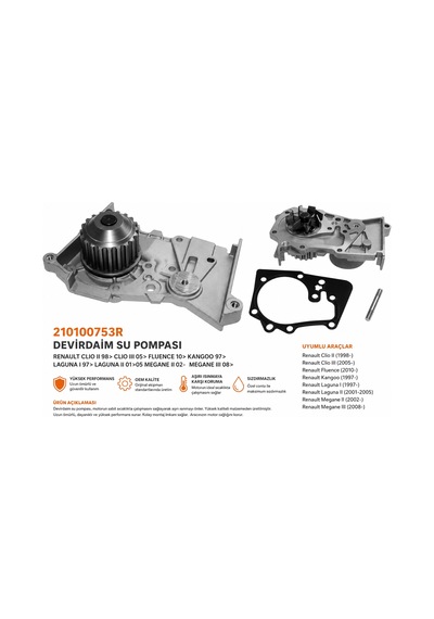 210100753r Devirdaim Su Pompası Renault Clio Iı Clio Iıı Fluence Kangoo Laguna Megane Uyumlu