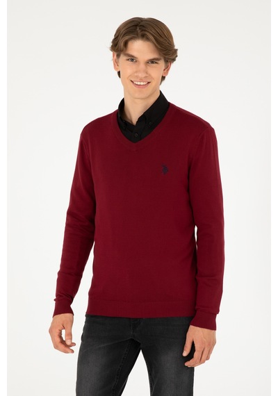 U.S. Polo Assn. Erkek Slim Fit V Yaka Bordo Basic Kazak 50293512-VR014