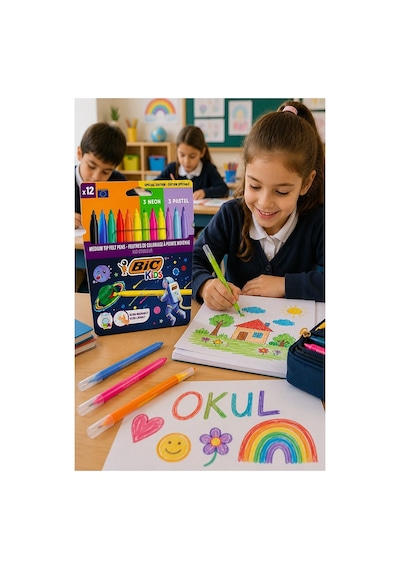 Keçeli Kalem 12 Renk 1 Paket Bic Couleur 12 Li Keçeli Kalem Canlı Renkler Pastel Ve Neon Renkler Yıkanabilir Kaliteli