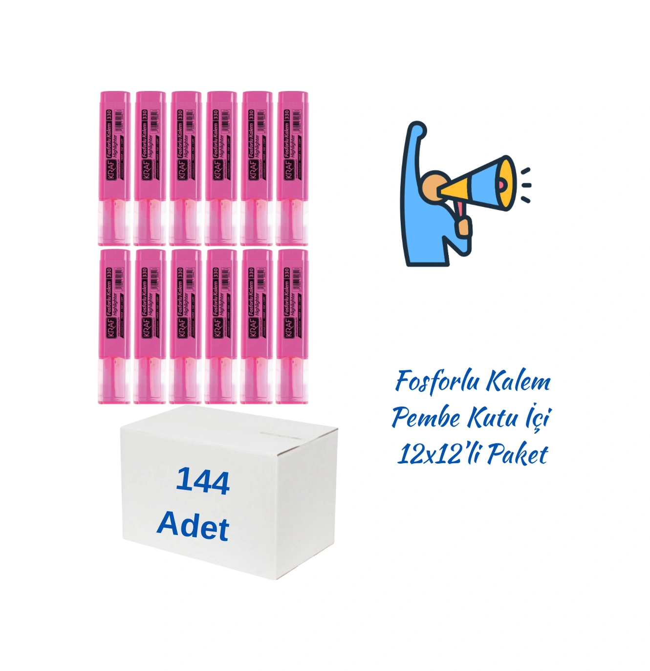Kraf Fosforlu Kalem 330 Pembe 144 Adet Pembe