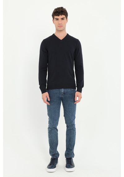 Dufy Erkek Slim Fit V Yaka Lacivert Triko-16944