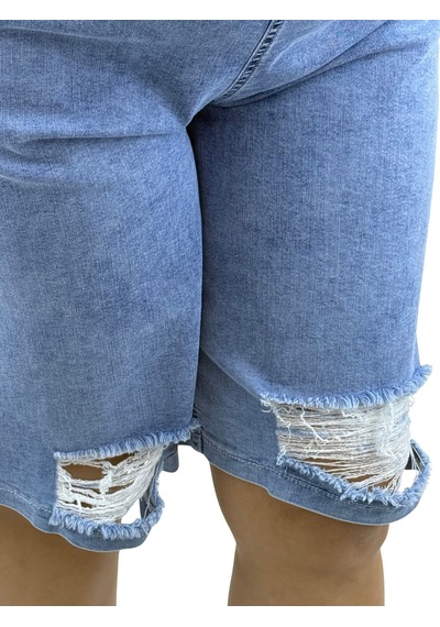 Zanessi Fashıon Büyük Beden Kemerli Yüksek Bel Yırtık Cepli Denim Kadın Şort Mavi