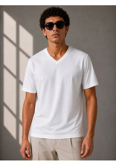 Modi Erkek V Yaka Basic Tişört Kısa Kol Yazlık Regular Fit T-shirt - Beyaz Açık Beyaz