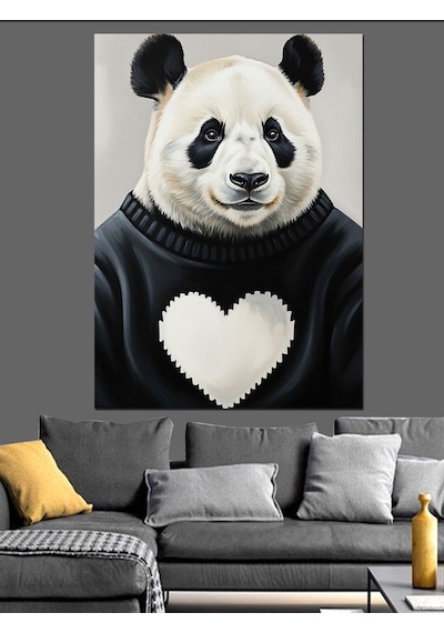 Ahşap Tablo Kalpli Siyah Beyaz Panda