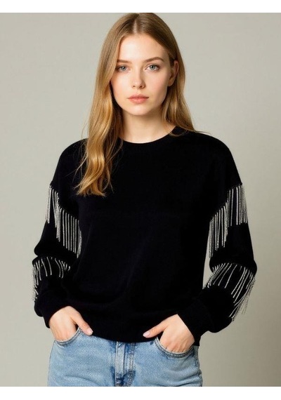 Kız Çocuk Yüzde Yüz Pamuklu İki İplik Zincir Detaylı Sweatshirt-16698 Siyah