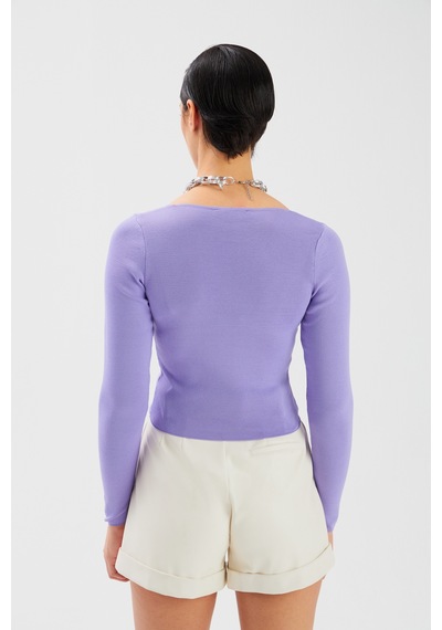 Sateen V Yaka Triko Crop - Lila-131507 Lila