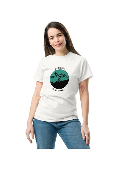 Wildstyle Off The Grid Gravel Dağ Bisikleti Doğa Macera Baskılı Unisex Bisiklet Yaka Pamuklu Tişört Beyaz