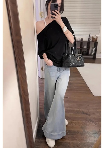 Siyah Lacivert 2li Paket Kadın Düşük Omuz Kayık Yaka Oversize T-shirt Siyah Lacivert