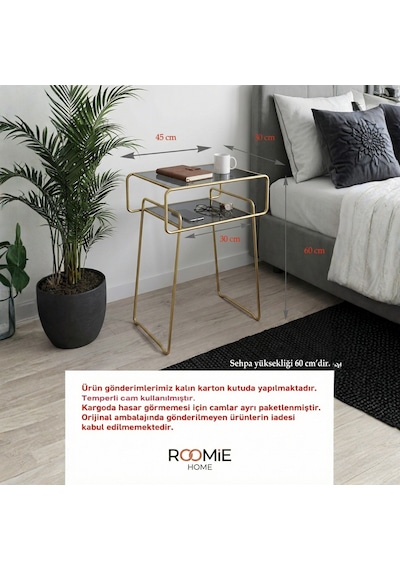 Retro Yan Sehpa, Metal Sehpa, Cam Sehpa, Salon, Yatak Odası, Antre Füme Cam Gold Altın