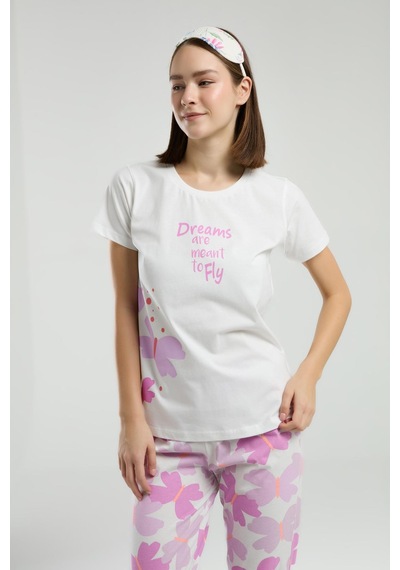 Rolypoly Roly Poly Dreams Are Meant To Fly Kadın Beyaz Kısa Kol Pijama Takım Beyaz