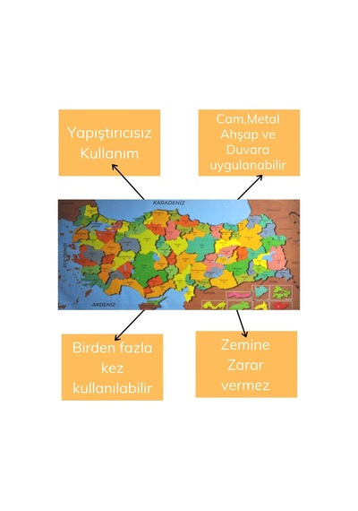 Şık Tasarım Manyetik Yapıştırıcı Gerektirmeyen Renkli Türkiye Haritası Duvar Stickerı 118 Cm X 56 Cm