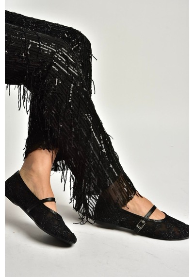 Fox Shoes Y726711415 Siyah File Çiçek Motif İşlemeli Kadın Babet Siyah