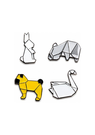 Origami Hayvanlar 4'lü Metal Rozet Seti Tavşan, Ayı, Kuğu Ve Köpek Rozet Gri