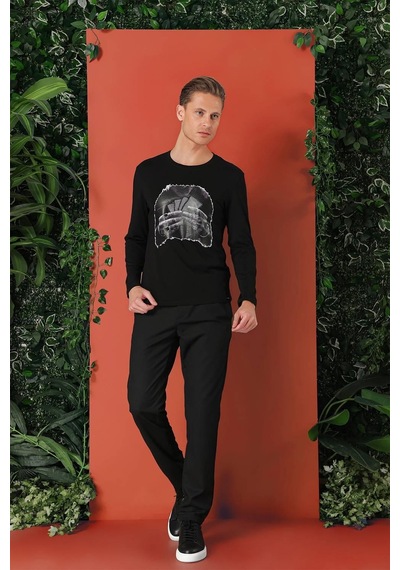 Efor Slim Fit Baskılı Bisiklet Yaka Esnek Pamuk Siyah Tişört Ts 868 Siyah