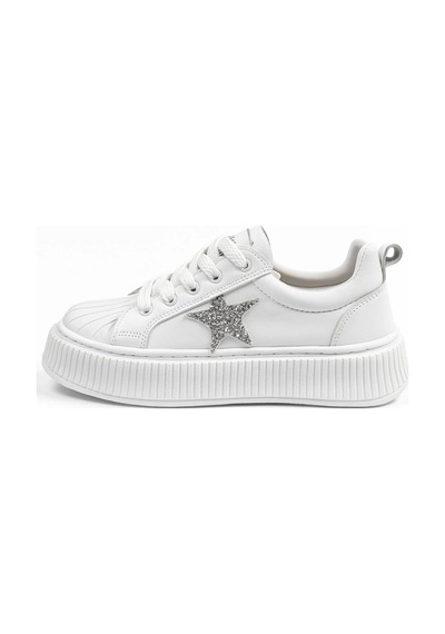 Günlük Kadın Sneaker Bağcıklı Yıldız Detaylı Yüksek Taban Simli Rahat Ayakkabı 7100 Beyaz