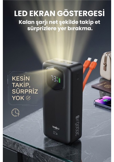 30.000 Mah Hızlı Şarj Powerbank 22.5 W Kendinden Kablolu Göstergeli Taşınabilir Batarya Siyah