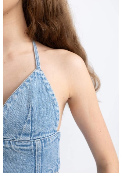 Defacto Afra x DeFacto Boyundan Bağlamalı Crop Jean Bluz C5862AX24SPNM28 Mavi