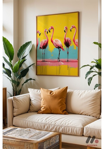 Flamingo Pop Art, Ahşap Çerçeveli Duvar Tablosu - Renkli Ev Dekorasyonu