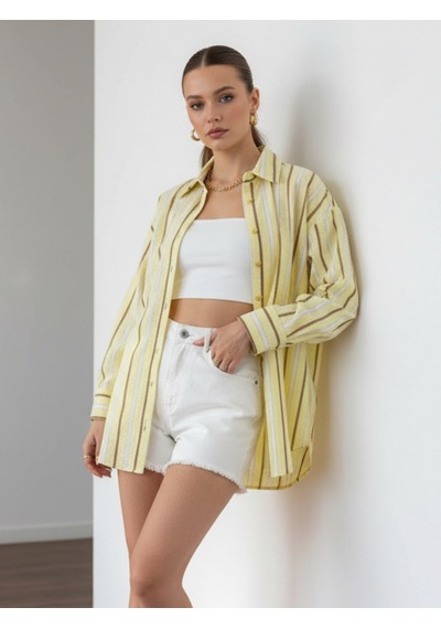 Pera Moda Oversize Çizgili Uzun Kadın Gömleği Sarı