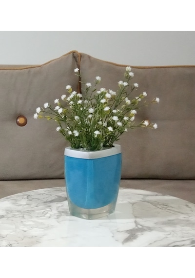 Vazoda Beyaz Yapay Çiçek Dekoratif Gri Mavi Poliresin 8 x 4 x 16 CM